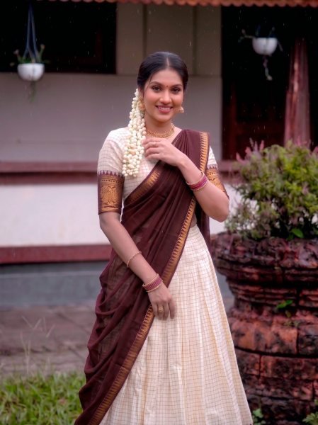 Brown Poly Cotton Lehenga Set with Zari Weaving Checks Pattern and Lace Border Dupatta Half Saree Lehenga