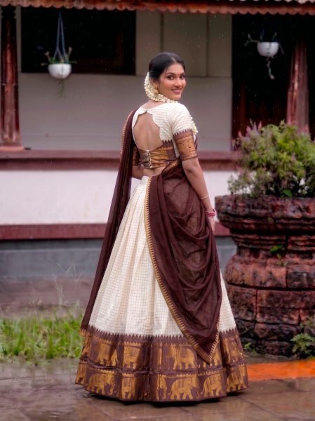 Brown Poly Cotton Lehenga Set with Zari Weaving Checks Pattern and Lace Border Dupatta Half Saree Lehenga