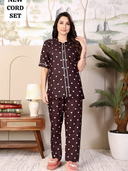 Brown Rayon Printed Nightwear Cord Set Trendy Top and Pant for Casual Wear Kurtis