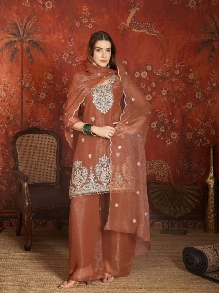 Dapper Brown Simmer Embroidered Sharara Suit Set For Premium Palazzo Set Women Ready To Wear Suit