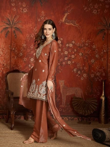 Dapper Brown Simmer Embroidered Sharara Suit Set For Premium Palazzo Set Women Ready To Wear Collection