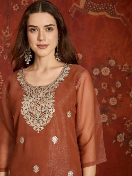 Dapper Brown Simmer Embroidered Sharara Suit Set For Premium Palazzo Set Women Ready To Wear Collection