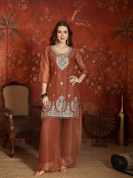 Dapper Brown Simmer Embroidered Sharara Suit Set For Premium Palazzo Set Women Ready To Wear Collection