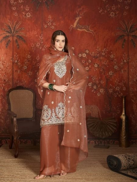 Dapper Brown Simmer Embroidered Sharara Suit Set For Premium Palazzo Set Women Ready To Wear Collection
