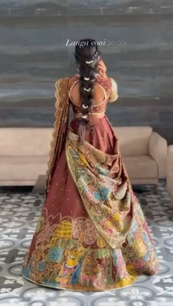 Brown Tissue Jari Kalamkari Print Wedding Wear Semi Stitched Lehenga Choli With Embroidery Work Designer Lehenga Choli