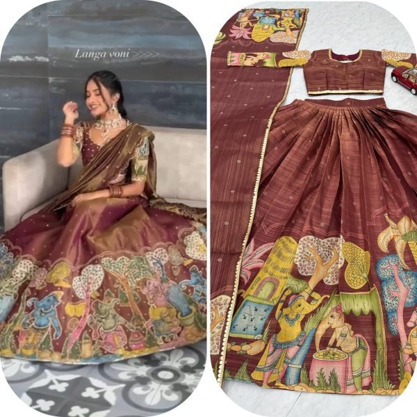 Brown Tissue Jari Kalamkari Print Wedding Wear Semi Stitched Lehenga Choli With Embroidery Work Designer Lehenga Choli