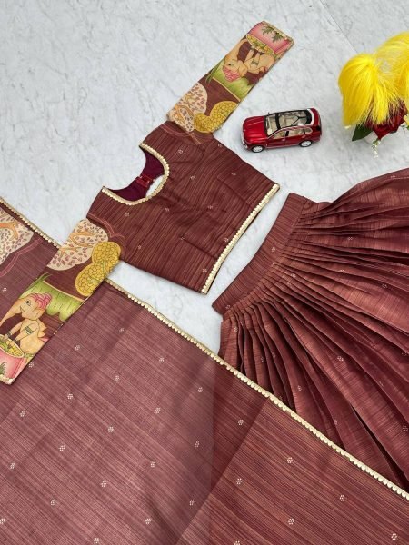 Brown Tissue Jari Kalamkari Print Wedding Wear Semi Stitched Lehenga Choli With Embroidery Work Designer Lehenga Choli