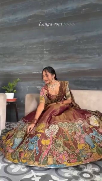 Brown Tissue Jari Kalamkari Print Wedding Wear Semi Stitched Lehenga Choli With Embroidery Work Designer Lehenga Choli
