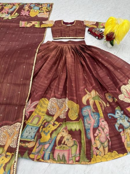 Brown Tissue Jari Kalamkari Print Wedding Wear Semi Stitched Lehenga Choli With Embroidery Work Designer Lehenga Choli