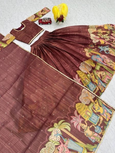Brown Tissue Jari Kalamkari Print Wedding Wear Semi Stitched Lehenga Choli With Embroidery Work Designer Lehenga Choli