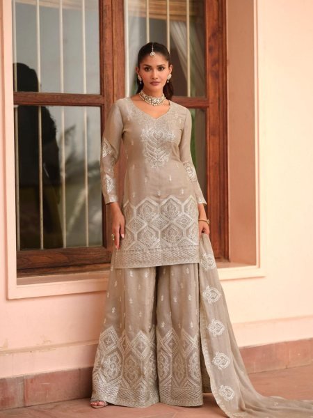 Brown Tora Silk Embroidery Work Festival Wear Readymade Plazzo Suit  Salwar Kameez