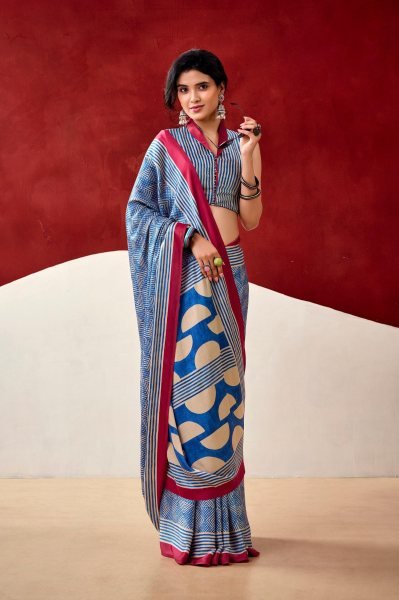 Budget Friendly Blue Designer Saree for Casual and Office Wear Printed Cotton Sarees Wholesale