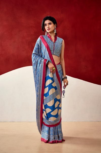 Budget Friendly Blue Designer Saree for Casual and Office Wear Printed Cotton Sarees Wholesale