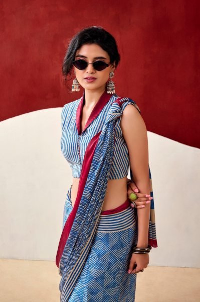 Budget Friendly Blue Designer Saree for Casual and Office Wear Printed Cotton Sarees Wholesale