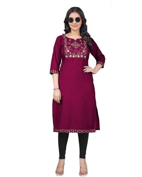 Budget Friendly Pink Tesla Cotton Embroidered Kurti Embroidery Kurtis 