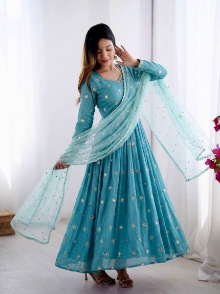 Budget Friendly Sky Blue Gown Suit Set for Wedding and Festive Wear Ready To Wear Suit
