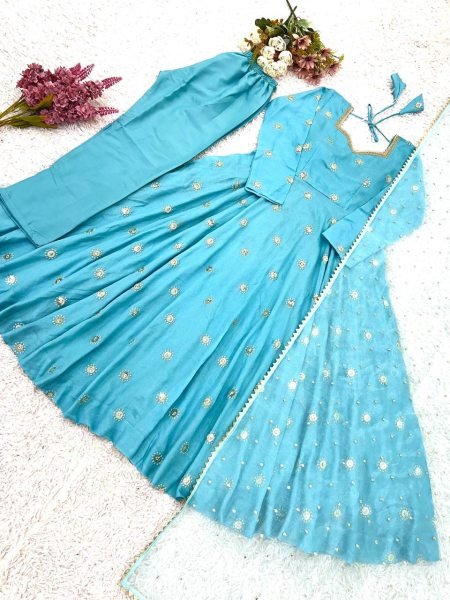 Budget Friendly Sky Blue Gown Suit Set for Wedding and Festive Wear Ready To Wear Collection
