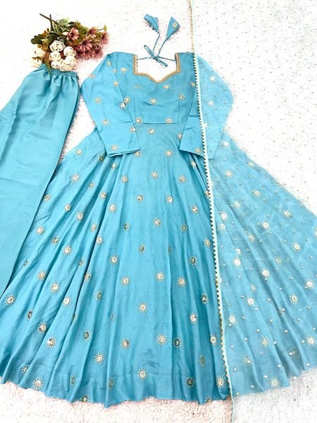 Budget Friendly Sky Blue Gown Suit Set for Wedding and Festive Wear Ready To Wear Collection