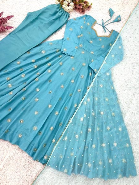 Budget Friendly Sky Blue Gown Suit Set for Wedding and Festive Wear Ready To Wear Collection