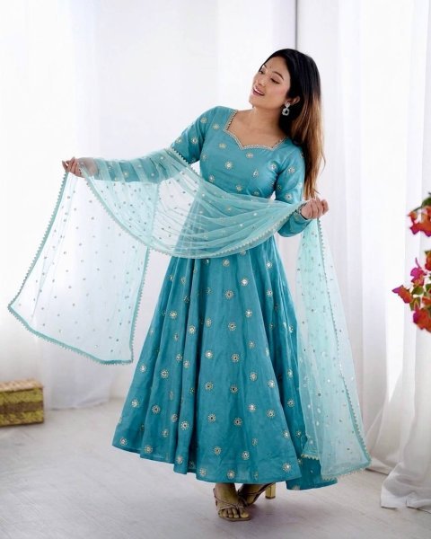 Budget Friendly Sky Blue Gown Suit Set for Wedding and Festive Wear Ready To Wear Collection
