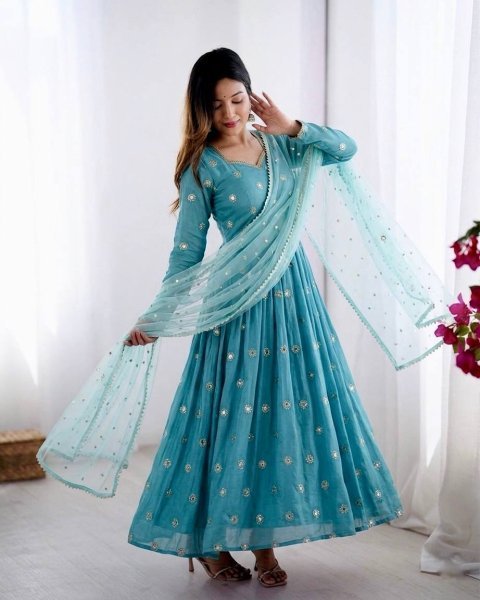 Budget Friendly Sky Blue Gown Suit Set for Wedding and Festive Wear Ready To Wear Collection