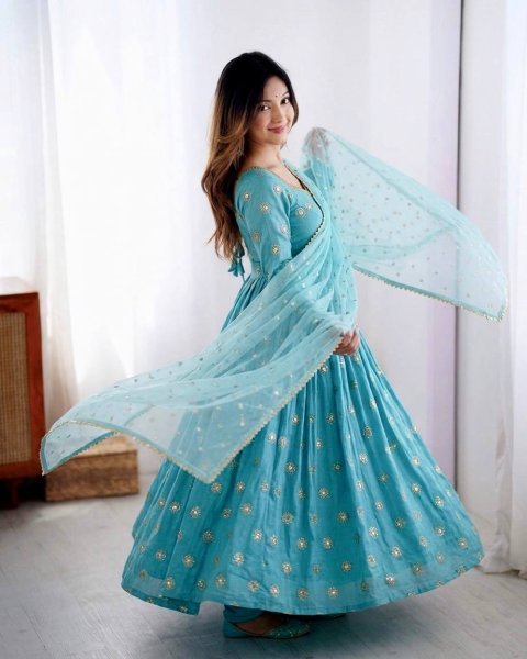 Budget Friendly Sky Blue Gown Suit Set for Wedding and Festive Wear Ready To Wear Collection