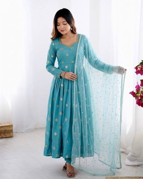 Budget Friendly Sky Blue Gown Suit Set for Wedding and Festive Wear Ready To Wear Collection
