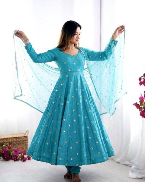 Budget Friendly Sky Blue Gown Suit Set for Wedding and Festive Wear Ready To Wear Collection