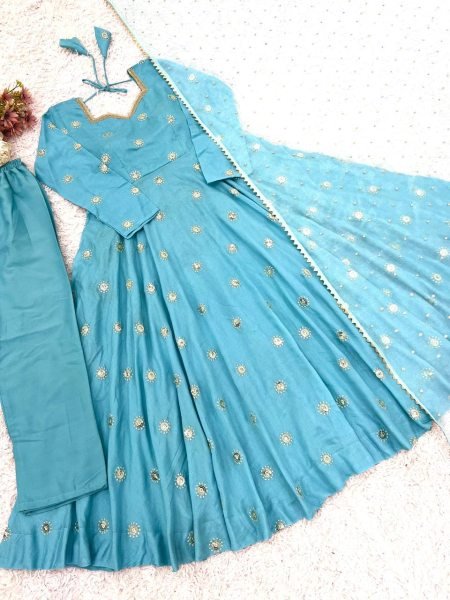 Budget Friendly Sky Blue Gown Suit Set for Wedding and Festive Wear Ready To Wear Collection