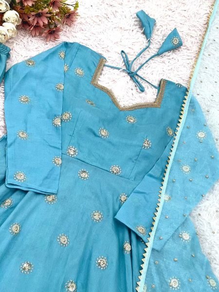 Budget Friendly Sky Blue Gown Suit Set for Wedding and Festive Wear Ready To Wear Collection