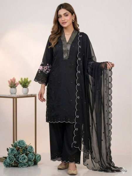 Bulk Order Black Kurti Palazzo Set With Soft Organza Dupatta 