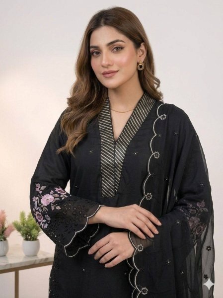 Bulk Order Black Kurti Palazzo Set With Soft Organza Dupatta Ready To Wear Collection