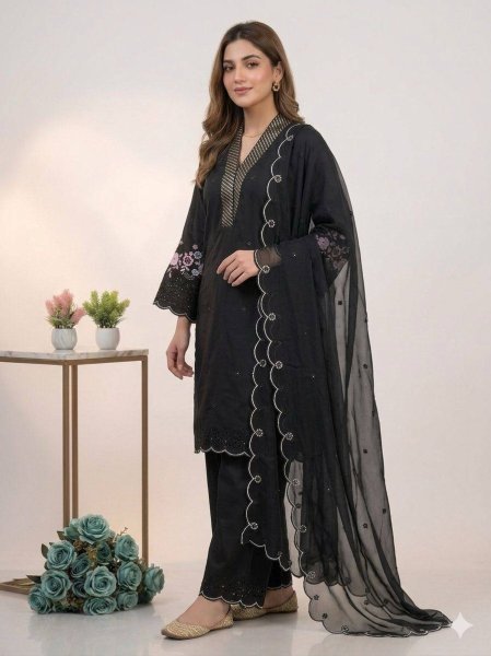Bulk Order Black Kurti Palazzo Set With Soft Organza Dupatta Ready To Wear Collection