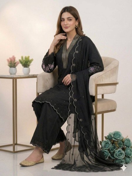 Bulk Order Black Kurti Palazzo Set With Soft Organza Dupatta Ready To Wear Collection