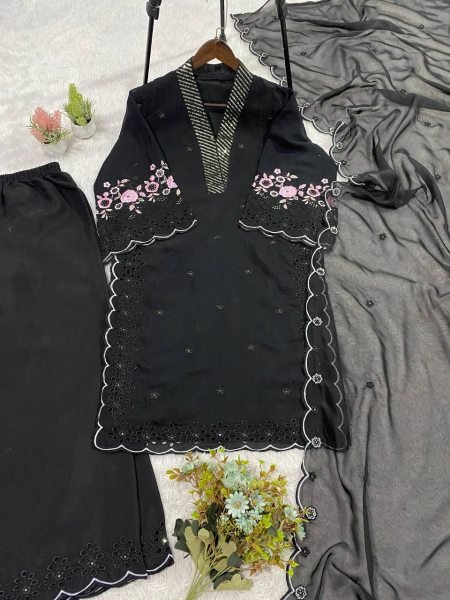 Bulk Order Black Kurti Palazzo Set With Soft Organza Dupatta Ready To Wear Collection