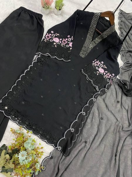 Bulk Order Black Kurti Palazzo Set With Soft Organza Dupatta Ready To Wear Collection