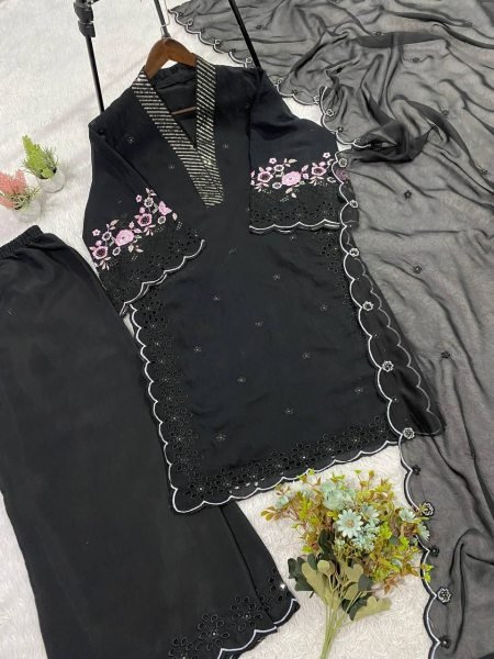 Bulk Order Black Kurti Palazzo Set With Soft Organza Dupatta Ready To Wear Collection