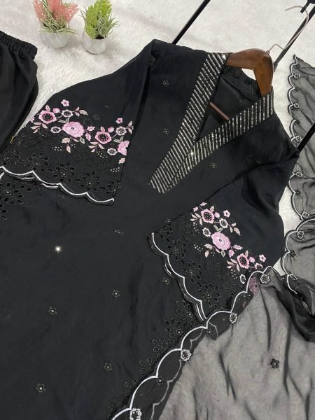 Bulk Order Black Kurti Palazzo Set With Soft Organza Dupatta Ready To Wear Collection