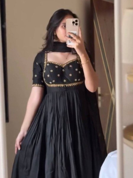 Bulk Partywear Black  Vichitra Silk Premium Thread Sequence Work Gown With Fancy Lace Dupatta And Micro Cotton Pent  