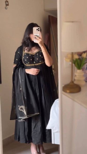 Bulk Partywear Black  Vichitra Silk Premium Thread Sequence Work Gown With Fancy Lace Dupatta And Micro Cotton Pent  Ready To Wear Collection