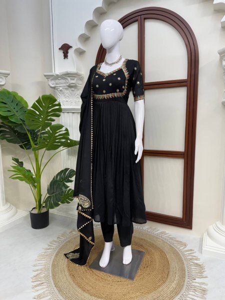 Bulk Partywear Black  Vichitra Silk Premium Thread Sequence Work Gown With Fancy Lace Dupatta And Micro Cotton Pent  Ready To Wear Collection
