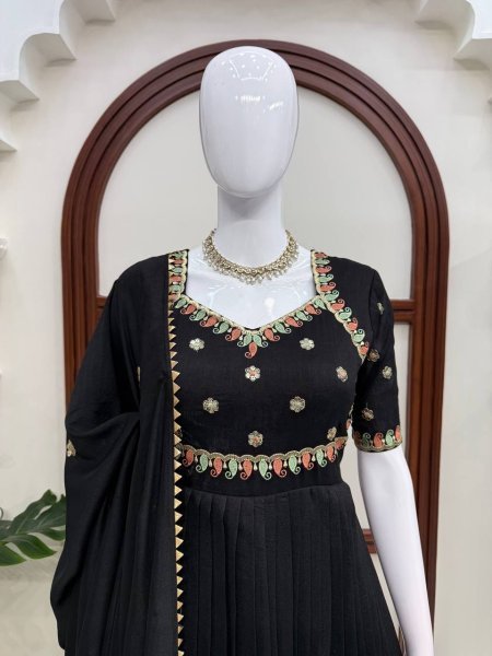 Bulk Partywear Black  Vichitra Silk Premium Thread Sequence Work Gown With Fancy Lace Dupatta And Micro Cotton Pent  Ready To Wear Collection