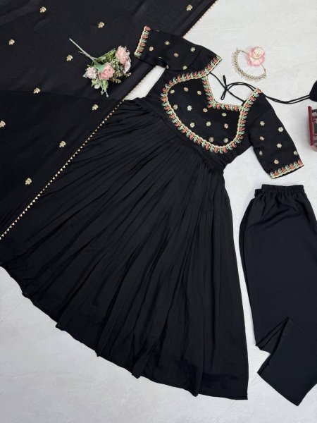 Bulk Partywear Black  Vichitra Silk Premium Thread Sequence Work Gown With Fancy Lace Dupatta And Micro Cotton Pent  Ready To Wear Collection