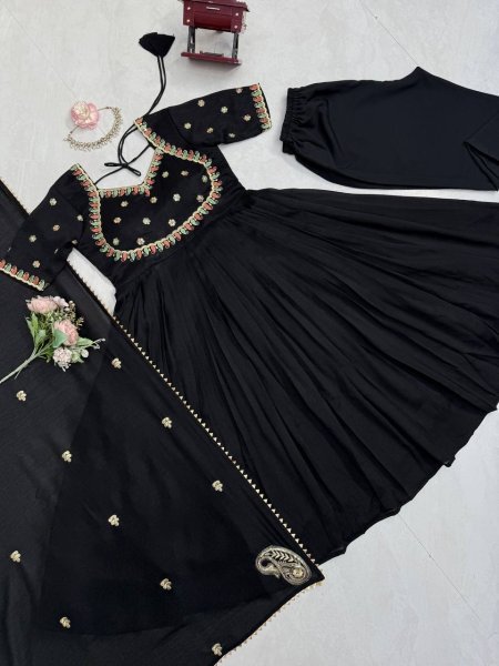 Bulk Partywear Black  Vichitra Silk Premium Thread Sequence Work Gown With Fancy Lace Dupatta And Micro Cotton Pent  Ready To Wear Collection