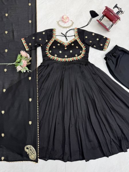Bulk Partywear Black  Vichitra Silk Premium Thread Sequence Work Gown With Fancy Lace Dupatta And Micro Cotton Pent  Ready To Wear Collection