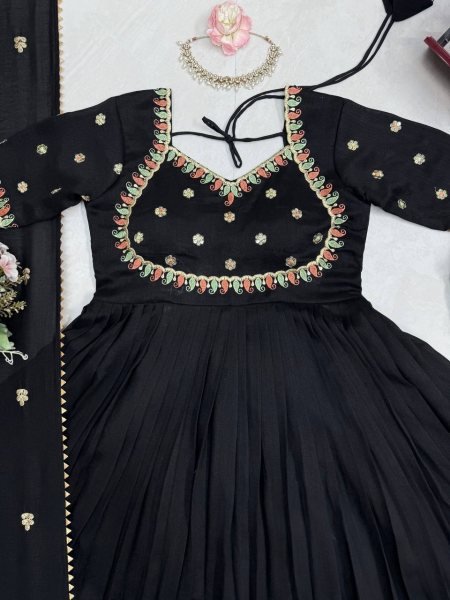 Bulk Partywear Black  Vichitra Silk Premium Thread Sequence Work Gown With Fancy Lace Dupatta And Micro Cotton Pent  Ready To Wear Collection