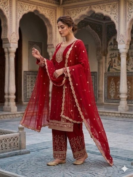 Bulk Supplier Red Trend Women Kurti Set With Embroidery Work Dupatta Ready To Wear Collection