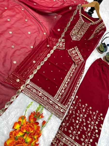 Bulk Supplier Red Trend Women Kurti Set With Embroidery Work Dupatta Ready To Wear Collection