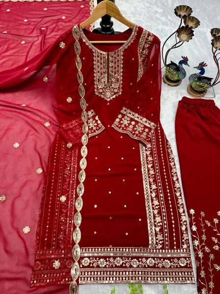 Bulk Supplier Red Trend Women Kurti Set With Embroidery Work Dupatta Ready To Wear Collection