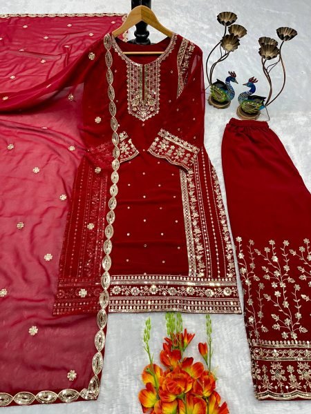 Bulk Supplier Red Trend Women Kurti Set With Embroidery Work Dupatta Ready To Wear Collection
